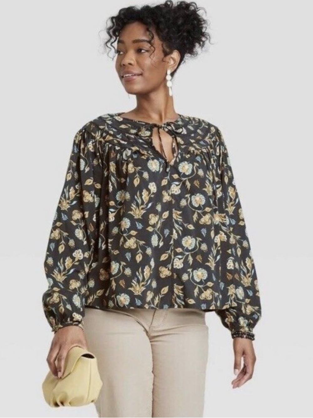 Universal Thread Black Floral Peasant Blouse with Tie Neck